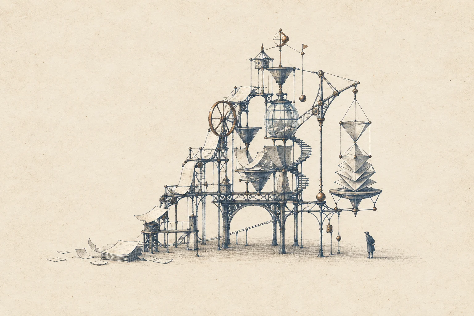 An elaborate imaginary machine fed with loose papers, watched by a small figure; a blue and copper etching.