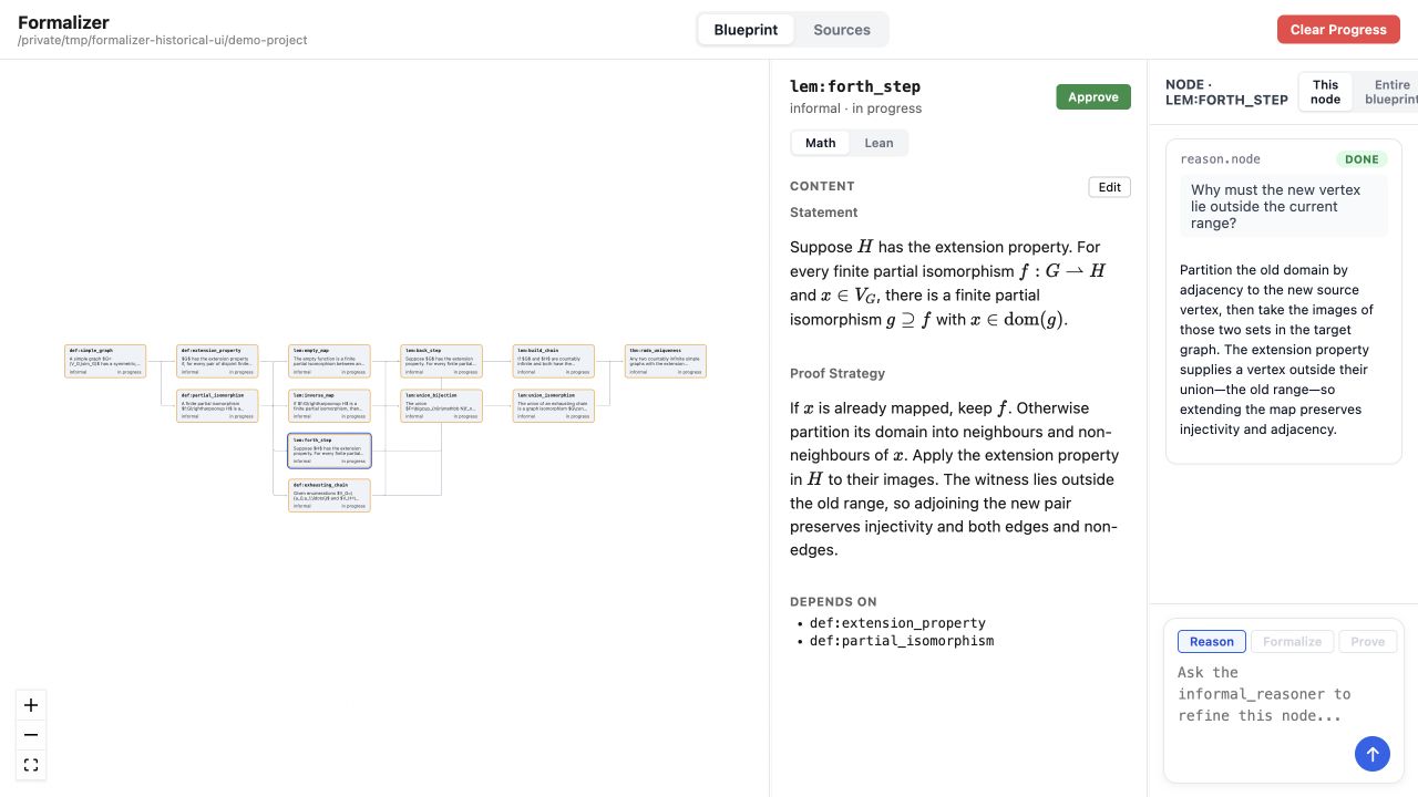 Restored Formalizer interface showing an informal dependency graph, a selected lemma, and a staged question-and-answer exchange in the node chat.